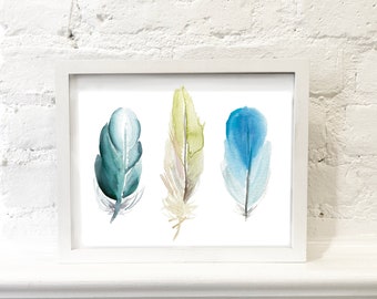 3 Beautiful Watercolor Feathers, multiple sizes included for INSTANT DOWNLOAD, easy print digital art!