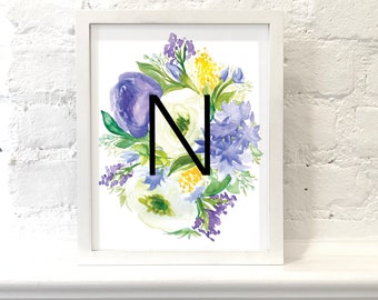 CUSTOMIZABLE Initial with Purple Yellow Floral, 3 Font Options for Letter, Baby Nursery Wall Art, Easy Print Digital File 8x10