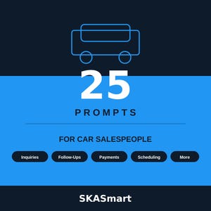 Pode incluir: Um gráfico digital apresentando um ícone de carro em linhas azuis acima do texto branco 25 PROMPTS FOR CAR SALESPEOPLE. Abaixo, cinco botões arredondados azul-escuros rotulados como Inquiries, Follow-Ups, Payments, Scheduling e More, com SKASmart.