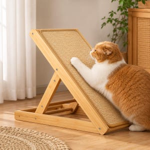 May include: A light-coloured wooden cat scratching board with an adjustable angled frame and a textured sisal surface. The structure features a sturdy base and side supports, providing a stable incline for scratching and stretching activities.