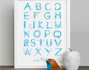 Alphabet Bugs Nursery print to customise. Personalised Nursery Wall Print. Vintage Style Bugs Font. Childrens name print. Boys nursery wall.