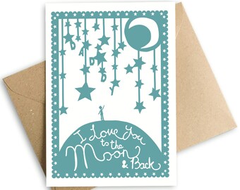 Love You To The Moon And Back Boy Father's Day Card, Papercut Style Illustration, Card for Daddy, Eco Friendly