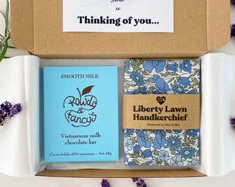 Mini Thinking Of You, Personalised Sympathy Gift Box with Chocolate and Liberty Handkerchief or Photo Frame or Calm Essential Roller
