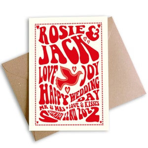 Personalised Wedding Gig Style Card. Vintage, Retro, Funky, Wedding Day card inspired by 60s/70s music gig posters.