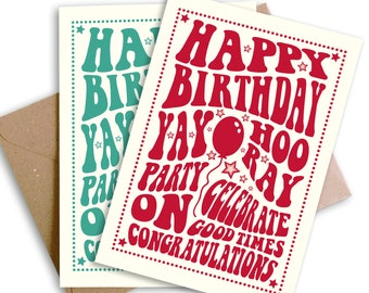 Happy Birthday Card, Retro Gig Poster Style, Yay Hooray, Party On, Celebrate Good Times, Congratulations, Eco Friendly.