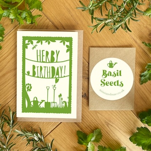 Herby Birthday Garden Herb Card, Seed Card, Eco Friendly. Birthday Card with Seeds Basil, Chives, Parsley, Sage. Birthday Card for Gardener. image 1