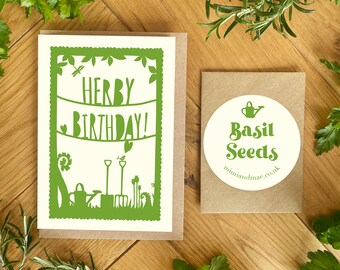 Herby Birthday Garden Herb Card, Seed Card, Eco Friendly. Birthday Card with Seeds Basil, Chives, Parsley, Sage. Birthday Card for Gardener.