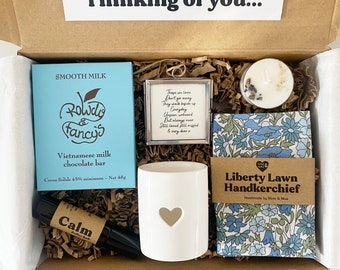 Thinking Of You, Personalised Sympathy Gift Box with Liberty Handkerchief, Chocolate, Photo Frame, Tea Light Holder, Calm Essential Roller