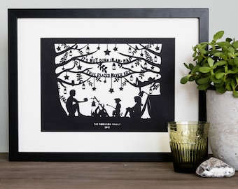 Personalised Campfire Papercut. Not Down In Any Map. Family picture, Camping, Camp, Adventure, Gift For Dad. Father's Day