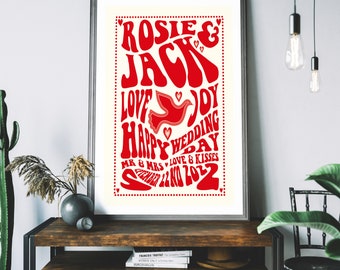 Vintage Gig Style Wedding Poster. Personalised Wedding Gift. Funky 60s 70s Inspired Wedding Present. Groovy Retro Wedding Gift.