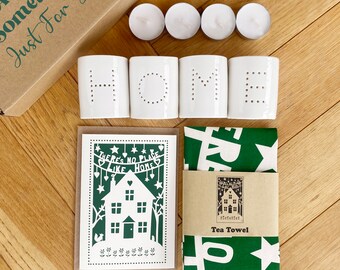 No Place Like Home Housewarming HOME Candles, Tea Towel Gift with Card. New Home Gift. Housewarming Present.