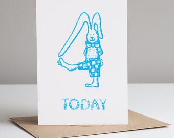 Bunny Fourth Birthday Greetings Card - Funky Bunny card, blank card, eco friendly, children's, boy's 4th birthday card.