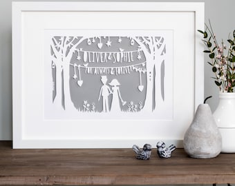 Personalised Wedding Gift Paper Cut Art, Custom Couple Names Anniversary Present, Unique Engagement Gift