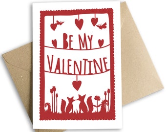 Be My Valentine. Fox Valentine's Card. Papercut style Illustration. Foxes. Lover. Valentine's Day.