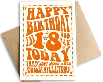 Happy 18th Birthday Card, Retro Gig Poster Style, Yay 18 Today, Party On, Good Times, Congratulations, Orange, Eco Friendly.