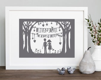 First Anniversary Papercut. Personalised First Anniversary Picture, Paper Anniversary Gift. First Anniversary Gift