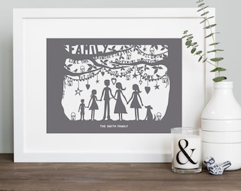 Happy Families Print. Personalised Family Silhouette Picture. Family Gift. Family and Pets Picture.