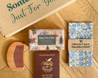 Father's Day Gift Box for Grandpa or Dad. With Liberty Handkerchief, Soap, Chocolate, Comb and Hand Cream