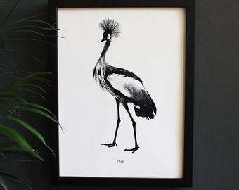 Encyclopaedia Inspired Fine Art Print, Crane. Black and White Illustration of a Crane. Vintage. Engraving. Monochrome. Wall Decor