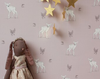 Woodland Fawn Wallpaper, Vintage Pink Deer Nursery Decor