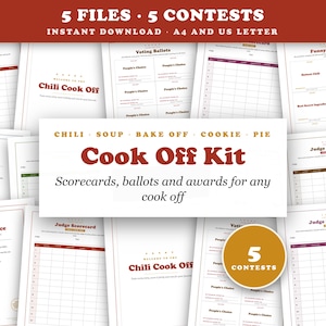 May include: A digital cook off kit featuring printable documents including judge scorecards, voting ballots, and funny awards. The collection includes five distinct contest files with red and brown text on white paper, designed for A4 and US letter sizes.
