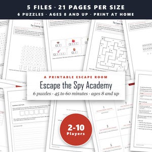 Escape Room-set met geheim agent-thema: printbaar spionnenverjaardagsfeestje-spel voor kinderen met codepuzzels en cijferspelletjes voor 2 tot 10 spelers. Escape Room-doos.