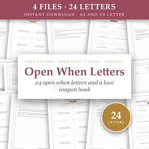 May include: A digital collection of printable stationery featuring 24 Open When Letters and a love coupon book. The pages include lined templates, envelope labels, and prompts with text such as Open When Letters, Love Coupon Book, and 24 Letters.