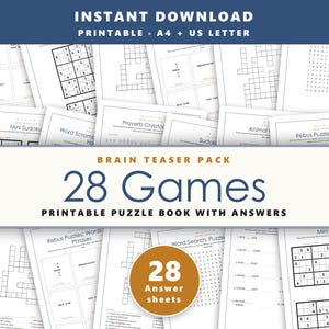 Paquete de acertijos imprimibles, libro de rompecabezas, Sudoku, crucigramas, sopa de letras, acertijos visuales, descifrador de códigos criptográficos, palabras compuestas con respuestas.