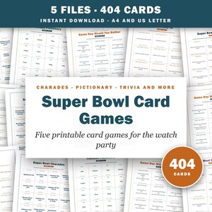 Super Bowl Card Games Printable Football Charades Pictionary Would You Rather Most Likely To Super Bowl Halftime Trivia Quiz Watch Party
