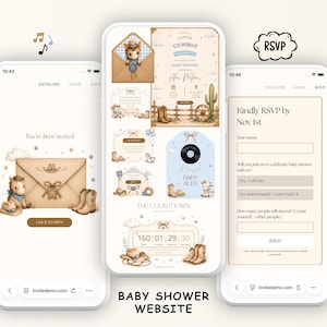 Peut inclure: Trois écrans de smartphone affichant un site web d'invitation pour une fête prénatale sur le thème du cow-boy. L'interface présente des illustrations de cheval, de bottes, de chapeau et de cactus, avec le texte A Little Cowboy et RSVP.