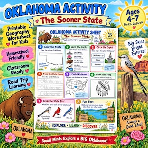 May include: A printable Oklahoma activity sheet for children aged 4-7, featuring eight educational sections including colouring, tracing, and geography facts. The page includes illustrations of a bison, a scissor-tailed flycatcher, and the state flag.