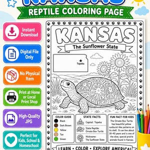 May include: A digital Kansas reptile coloring page featuring an Ornate Box Turtle, sunflowers, and a map of Kansas with Topeka marked. The sheet includes a color guide, state facts, and fun facts for kids, all framed by a paw print border.