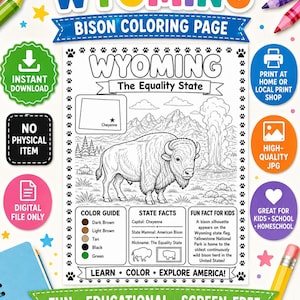 May include: A printable Wyoming bison colouring page featuring a central illustration of a bison, a map of Wyoming, mountain scenery, and text including State Facts, a Colour Guide, and Fun Fact for Kids, surrounded by colourful pencils and icons.