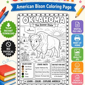 Può includere: Una pagina da colorare digitale con un bisonte americano, il testo OKLAHOMA, The Sooner State e una guida ai colori. La pagina include una mappa dell'Oklahoma, fatti sullo stato e una curiosità sui bisonti che pesano 907 chilogrammi.