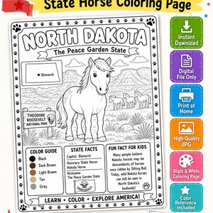 Könnte beinhalten: Eine ausdruckbare Malvorlage zum Staatspferd von North Dakota mit einer zentralen Illustration eines Nokota-Pferdes, einer Karte von Bismarck, der Landschaft des Theodore Roosevelt Nationalparks, einer Farblegende und Fakten zum Bundesstaat.