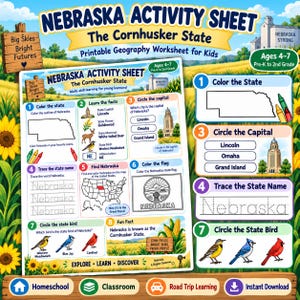 May include: A printable Nebraska activity sheet for children featuring geography exercises, state facts, and illustrations of the state bird, flower, and capital building. The worksheet includes sections to colour, trace, and circle information about Nebraska.