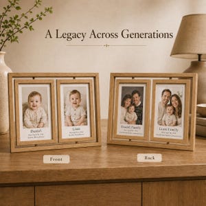 May include: Two light-toned wooden double picture frames displaying family photographs. The left frame shows individual portraits of Daniel and Liam. The right frame shows family portraits labeled Daniel Family and Liam Family. Text reads A Legacy Across Generations.