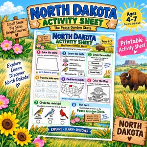 May include: A North Dakota activity sheet for ages 4-7 featuring eight educational tasks including colouring the state outline, tracing the name, identifying the capital, state bird, and flag, plus fun facts about the Peace Garden State.