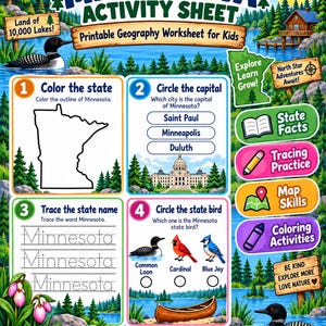 May include: A Minnesota activity sheet printable geography worksheet for children aged 4-7. The page includes four educational tasks: colouring the state outline, circling the capital, tracing the word Minnesota, and identifying the state bird.