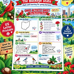 May include: A printable Ohio activity sheet for children aged 4-7, featuring eight educational tasks including colouring the state outline, learning facts, tracing the word Ohio, and colouring the state flag, all decorated with illustrations of a cardinal.