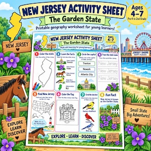 May include: A New Jersey activity sheet for ages 4-7 featuring eight educational sections including colouring the state outline, learning state facts, circling the capital, tracing the state name, finding New Jersey on a map, and colouring the flag.