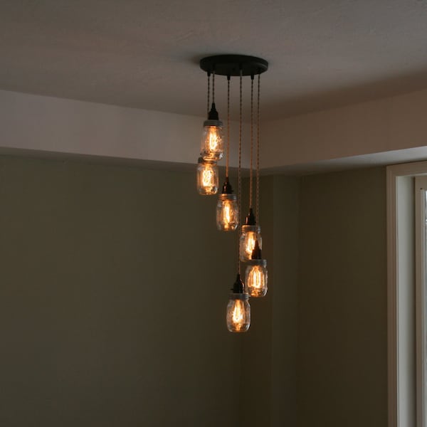 Jar Chandelier Light   - 6 Strand Spiral Mason Jar Pendant Light on 12" Oil Rubbed Bronze Canopy, Black Twisted Cloth Cord & Pint Mason Jars