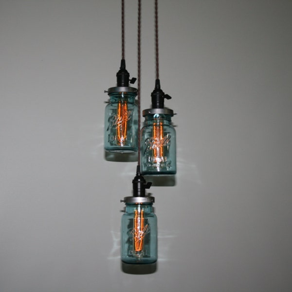 3 Quart Jar Chandelier Light - Vintage Jar Pendant Light - Hanging Ball Jar - Hanging Pendant Light - Blue Quart Jar Lighting