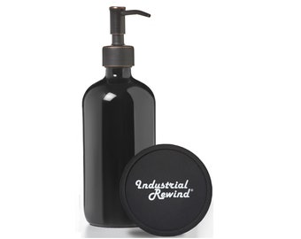 Black Glass Soap Dispenser with Oil Rubbed Bronze Soap Pump - 16oz Industrial Rewind Black Bottle with ORB Soap / Lotion Dispenser Pump