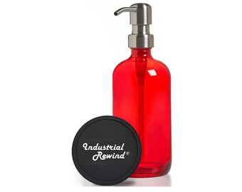 Red Soap Dispenser -  Compact Refillable 8oz Red Glass Bottle with Stainless Metal Soap Dispenser Pump with Non Slip Coaster