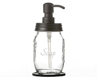 Mason Jar Soap Dispenser - Clear Pint Industrial Rewind Soap Lotion Dispenser with Black Lid and Soap Pump - 16oz Glass Jar