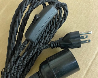 Long Swag Pendant Light, Twisted Cloth Plug-In Lamp Cord w/ Inline Switch – 15 ft – 18/2, Black w/ Socket