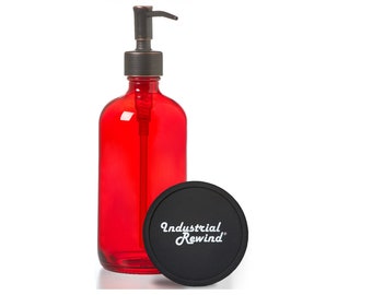 Red Glass Soap Dispenser with Oil Rubbed Bronze Soap Pump - 16oz Industrial Rewind Boston Round bottle with ORB Lotion Dispenser Pump
