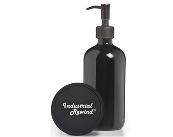 Black Glass Soap Dispenser with Oil Rubbed Bronze Soap Pump - 8oz Industrial Rewind Black Bottle with ORB Soap / Lotion Dispenser Pump