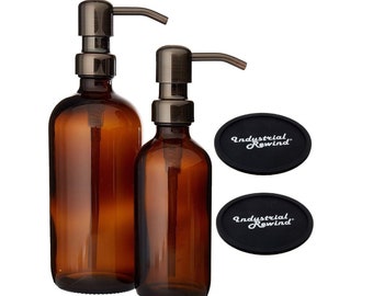 Amber Soap Dispensers, 8oz  & 16oz Brown Glass w/ Gun Metal Bronze Soap Pump -Hand Sanitizer, Hand Soap, Dish Soap, Body Soap or Body Lotion